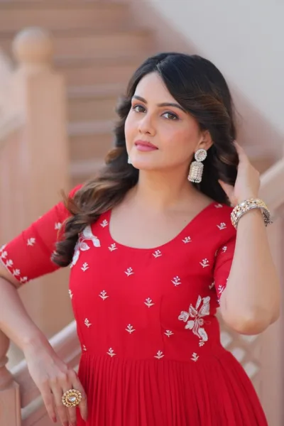 Elegant Red Embroidered Tiered Anarkali Gown with Flowy Flared Design